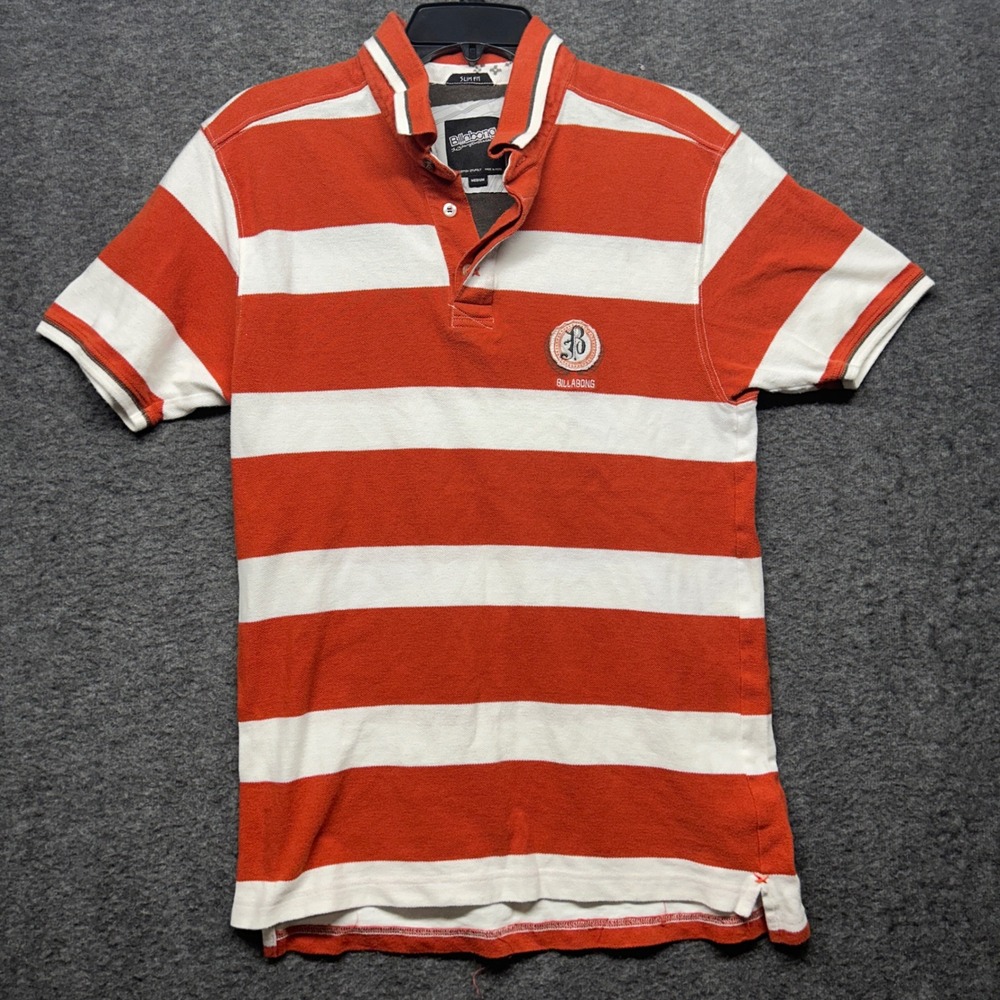 Vintage Billabong Mens Polo Shirt Medium Orange Striped Short Sleeve‎ Slim Fit